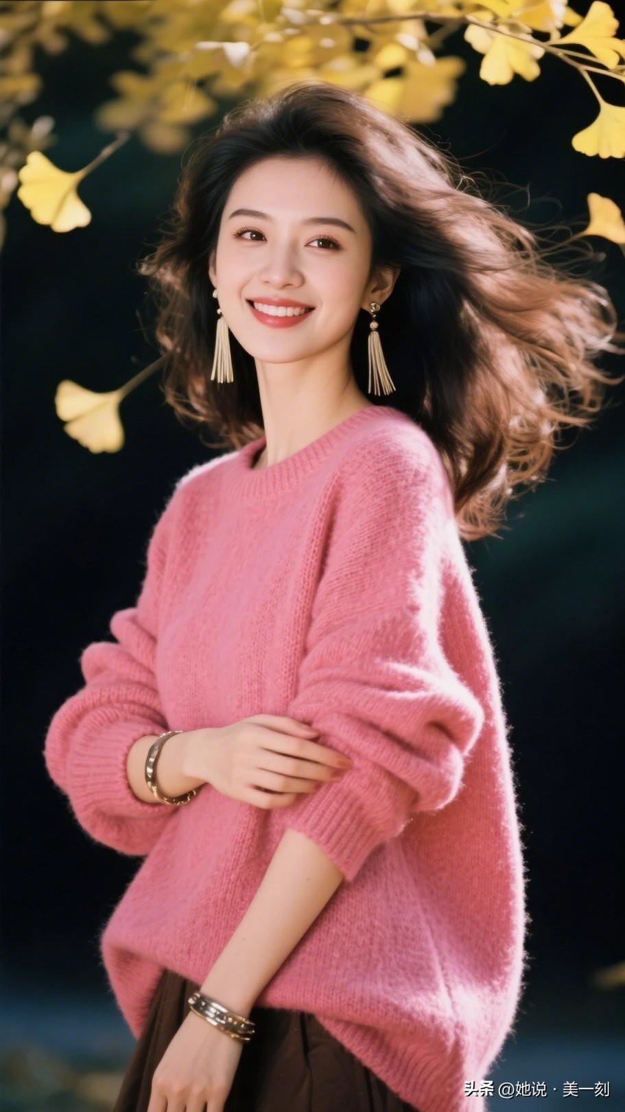 秋日暖阳下的甜美少女，粉色毛衣搭配金色耳环，温柔动人。怎样才能把女生拍出清纯的感