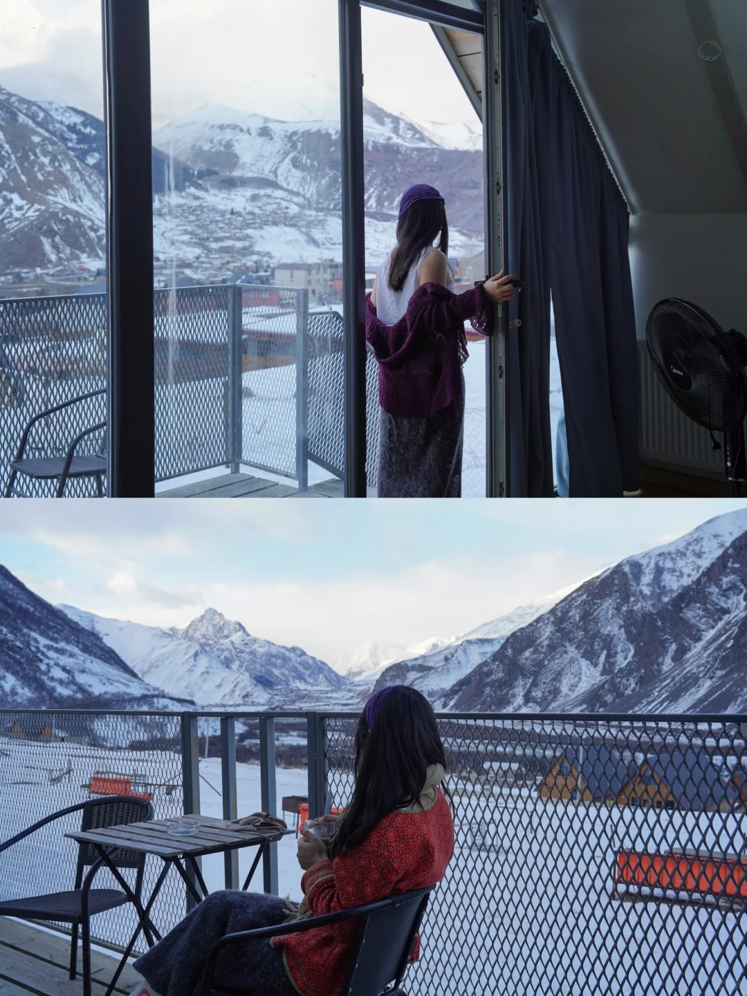 住在卡兹别克的小木屋，看雪山喝咖啡与红酒