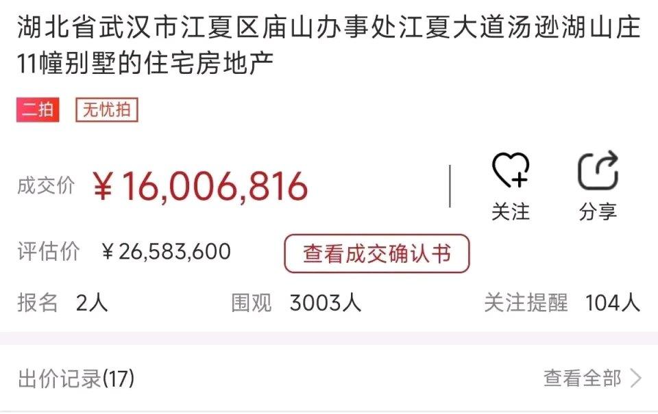 武汉这波拍卖真的把我看傻了。
11栋临湖的独栋湖景别墅，单套面积最小都有220平