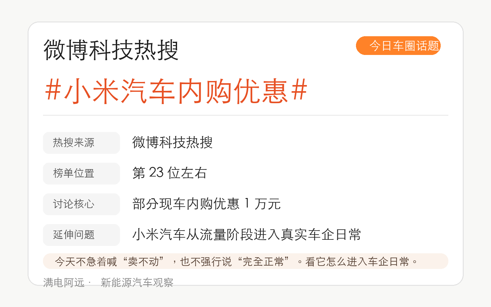 小米汽车内购优惠小米汽车这次被曝“部分现车内购优惠 1 万元”，我觉得最有意思的