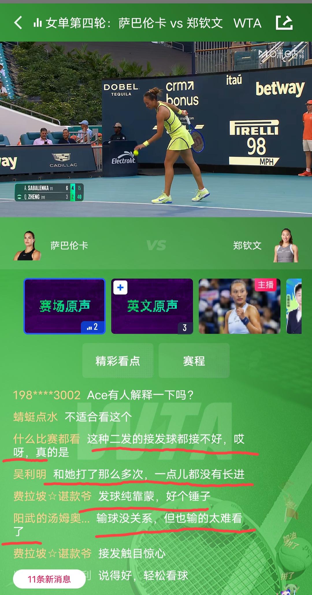 迈阿密站女单16进8，郑钦文vs萨巴伦卡的比赛，目前郑钦文大比分3:6、2:4落