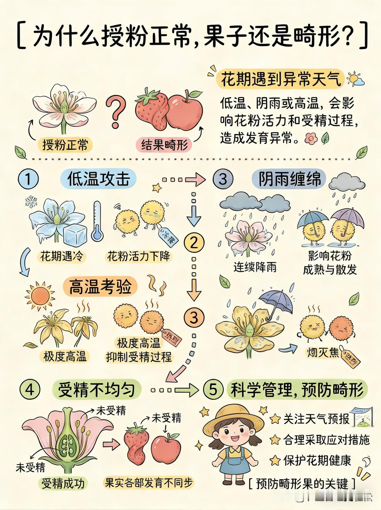 授粉正常了为什么果实还会畸形呢？天气有关，注意比照的防护，如防霜防冻，浇水降温，