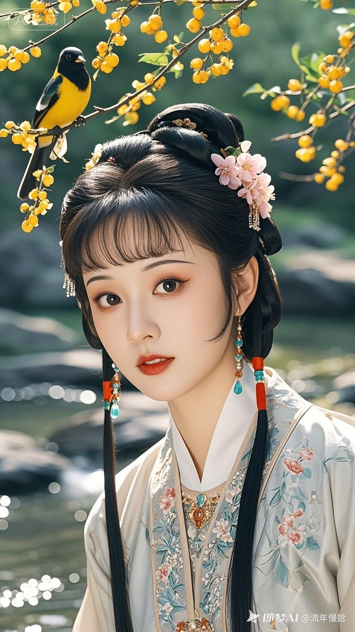 她眸含秋水望向镜头，妆容柔美温婉，古典发髻缀珠花，青丝垂落灵动。浅色系华服绣花卉