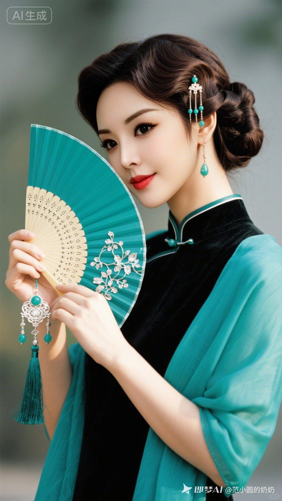 古典优雅，青翠欲滴，古风美人与折扇的完美结合