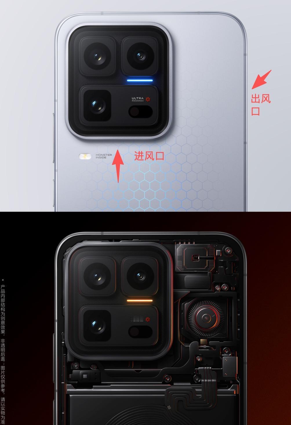 iQOO 15 Ultra的散热风扇，它的进风口在相机deco下边，出风口在侧边