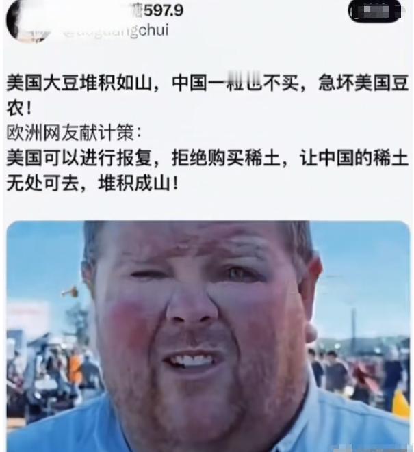 欧洲人给老美出了个主意，中国拒绝进口你们的大豆？你们也拒绝进口他们的稀土，让他们