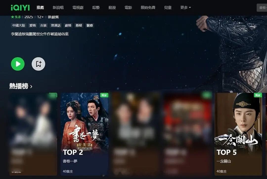 爱奇艺国际版热播榜刘宇宁《书卷一梦》完结后在top2坚挺，一念关山带动上升到了t
