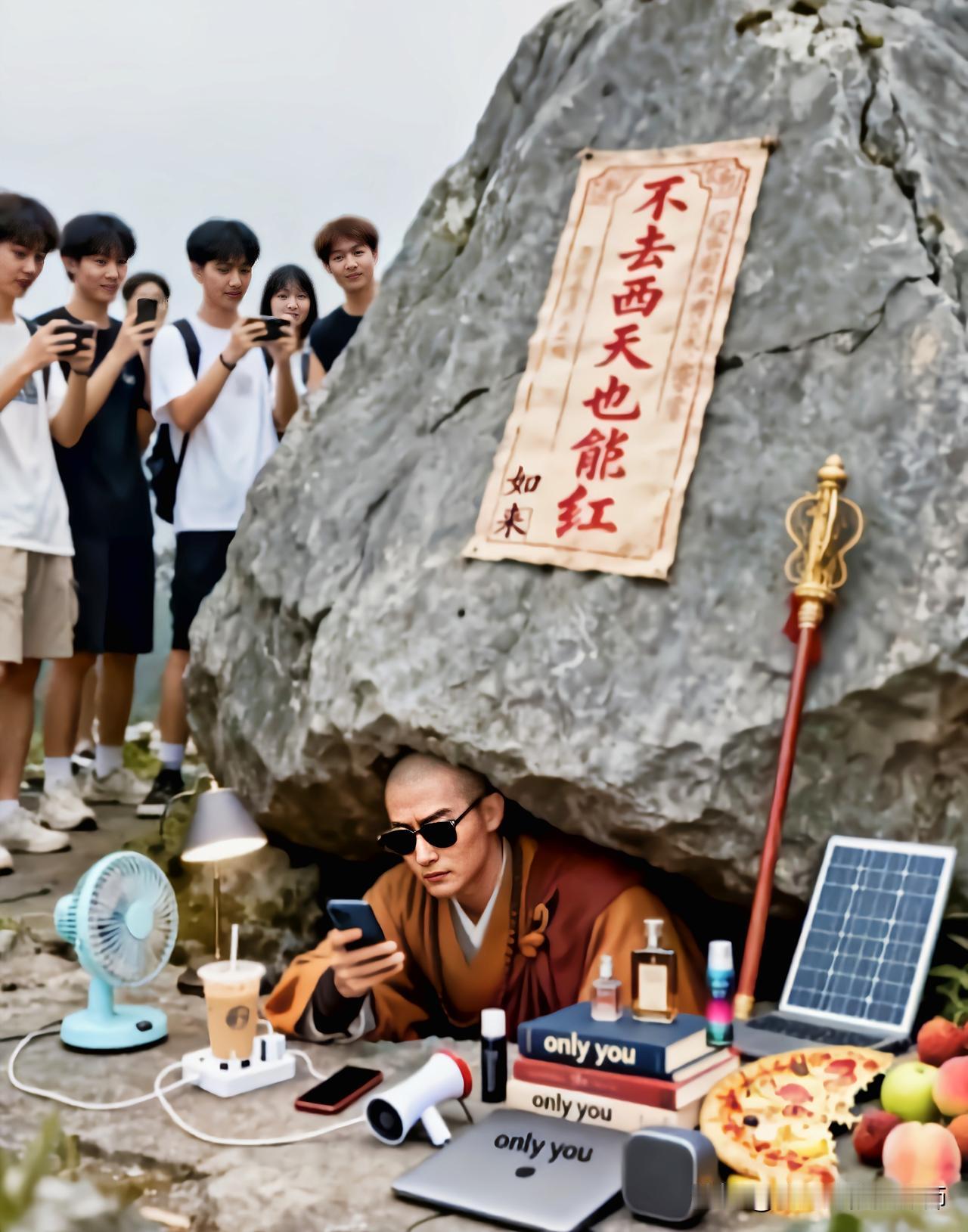 大千世界，
无奇不有。
一年轻人扮唐僧在石洞开直播，
真是为了走红脑洞大开。
网