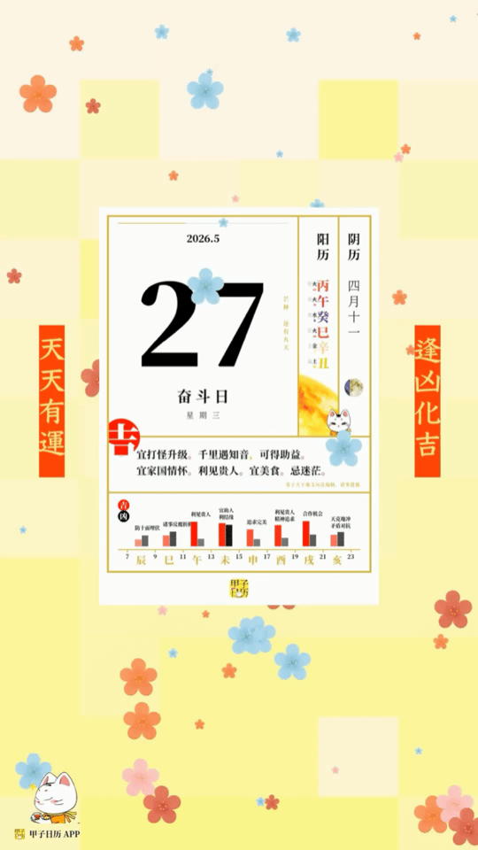 甲子日历 5 月 27 日，奋斗日。宜打怪升级。千里遇知音，可得助益。📆 星座