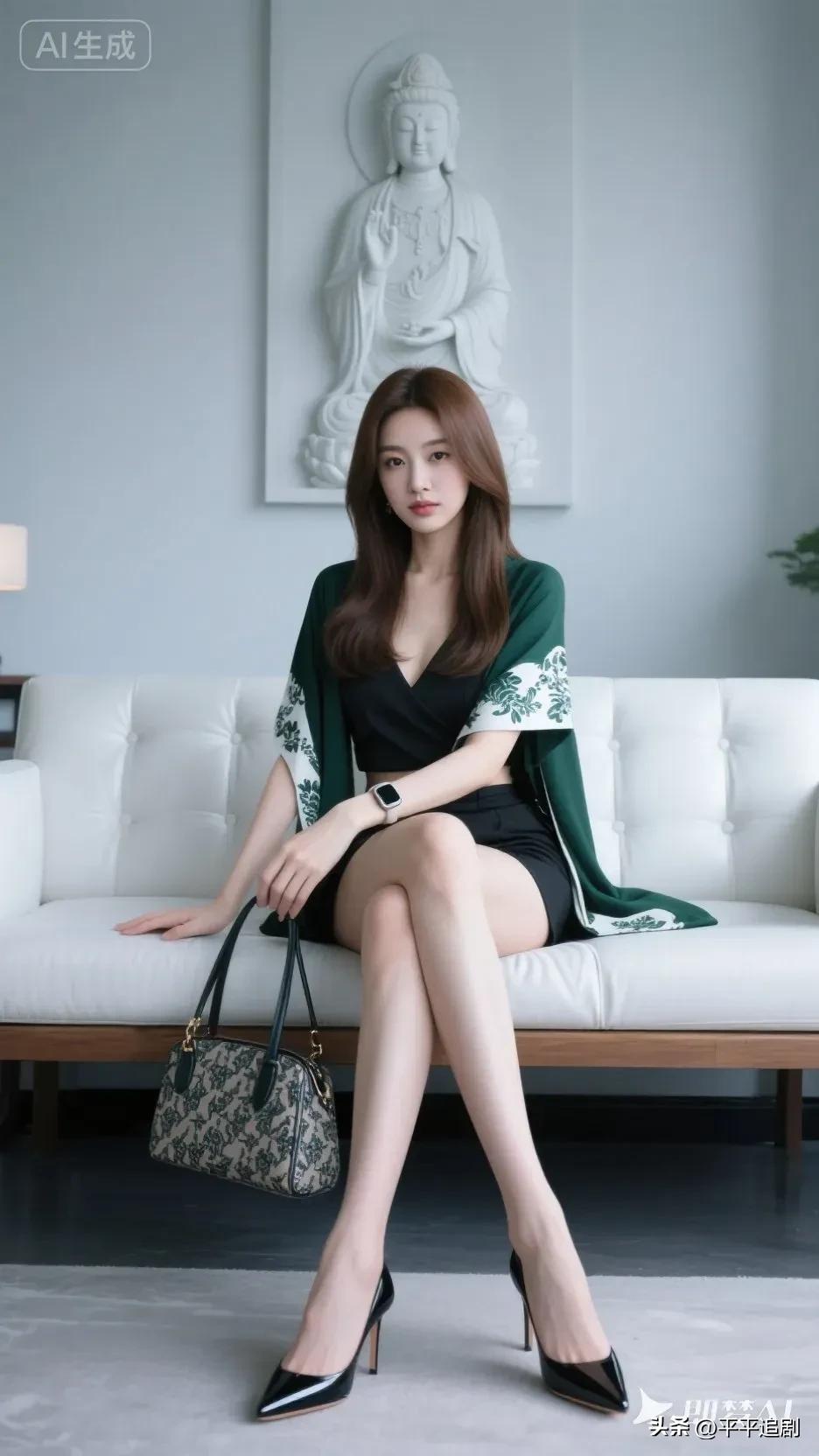 成熟稳重的美女你喜欢吗?
墨绿绣纹外衫裹着东方雅致，黑调内搭衬出利落身段，观音像