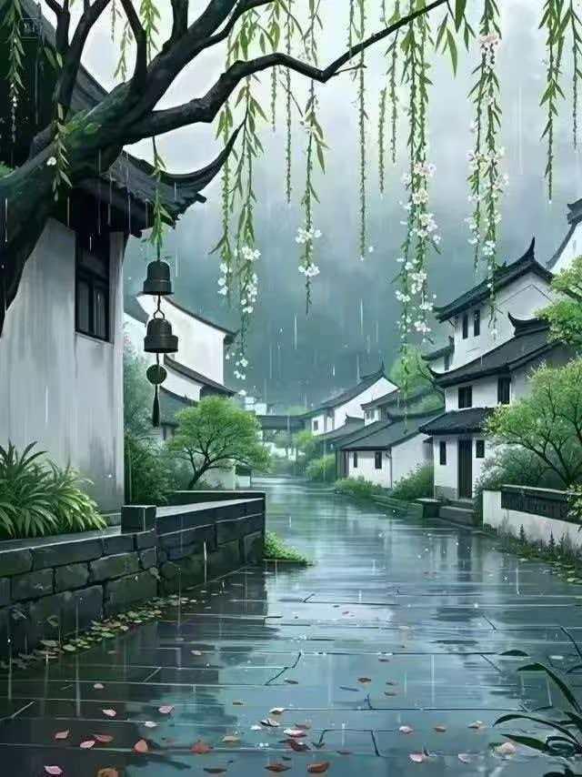 塞鸿秋·春夜听雨 
春雨轻敲阶前瓦，
月光云底藏微暇。
檐铃暗把花期话，
远山雾