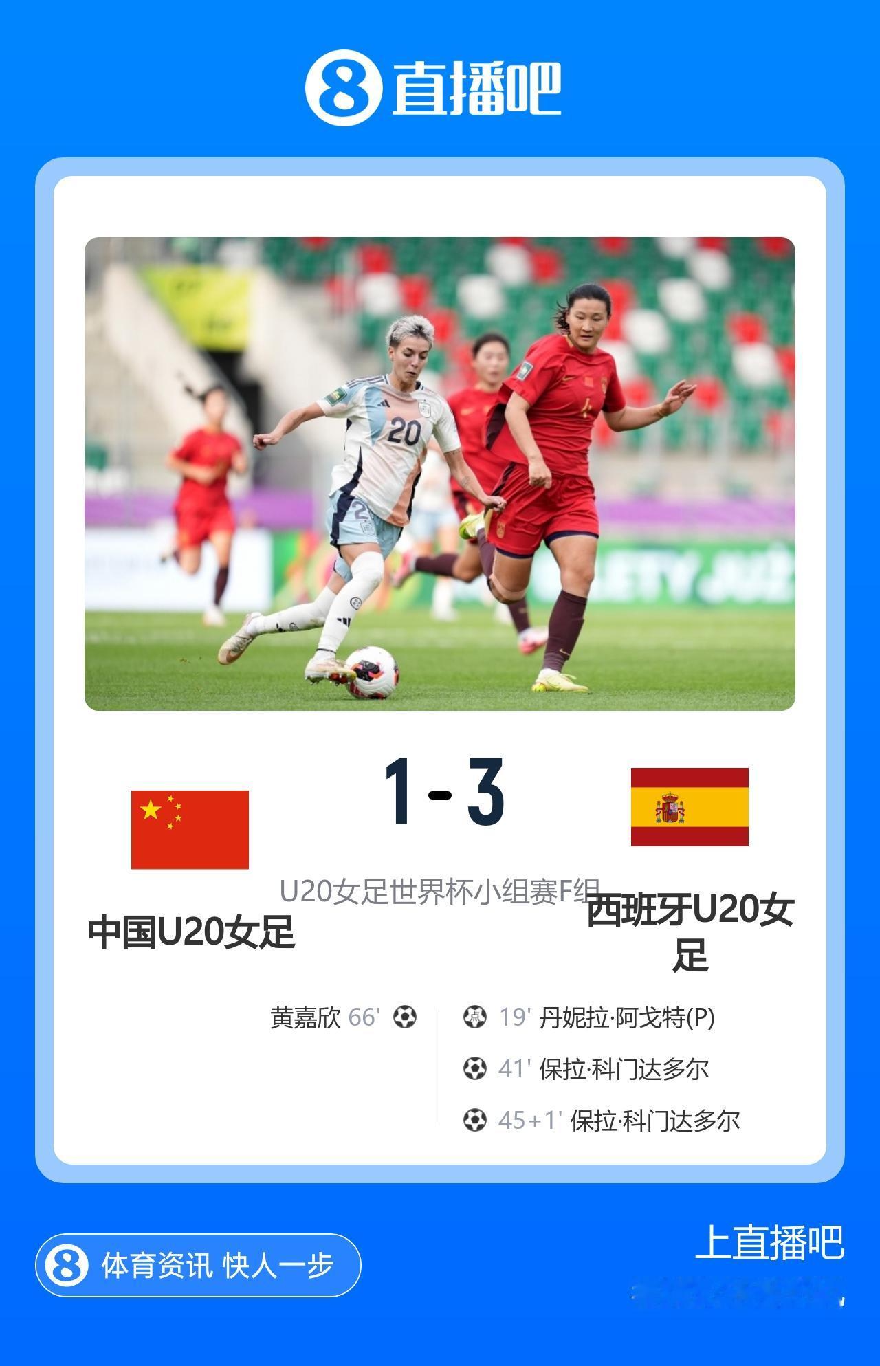 u20女足世界杯小组赛阶段收官：
中国1-3不敌西班牙
保拉完成梅开二度，阿戈特