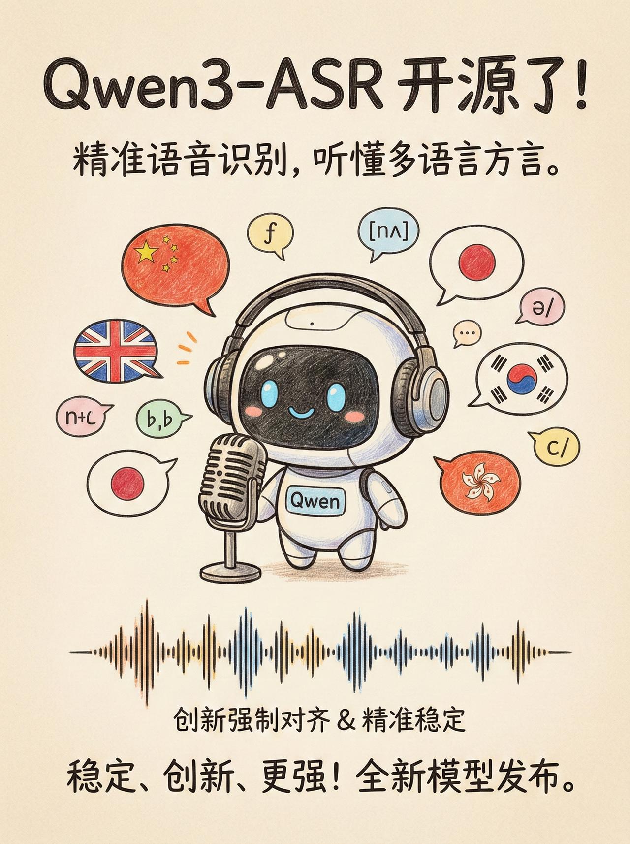 QWen 正式开源 Qwen3-ASR系列模型的开放源代码。该系列模型包括两个强