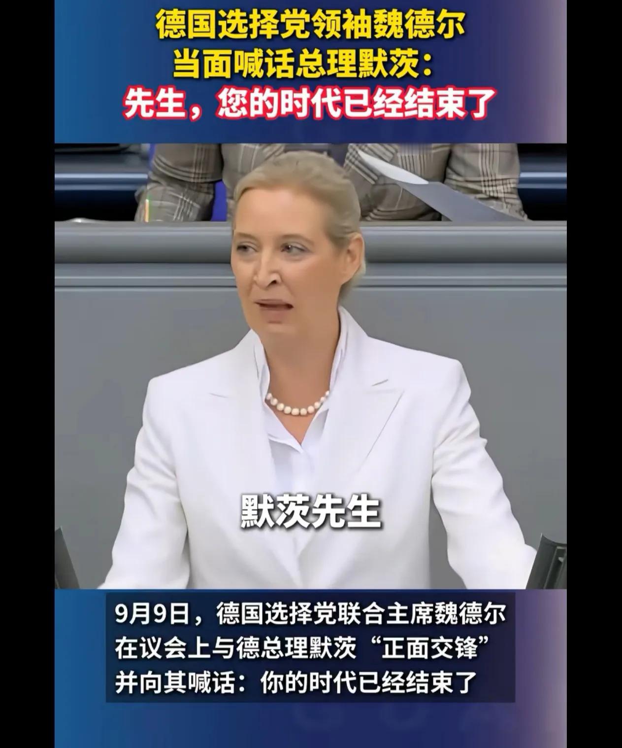 德国选择党联席主席魏德尔昨天（9月9日）在德国联邦议会上与总理默茨展开正面交锋，