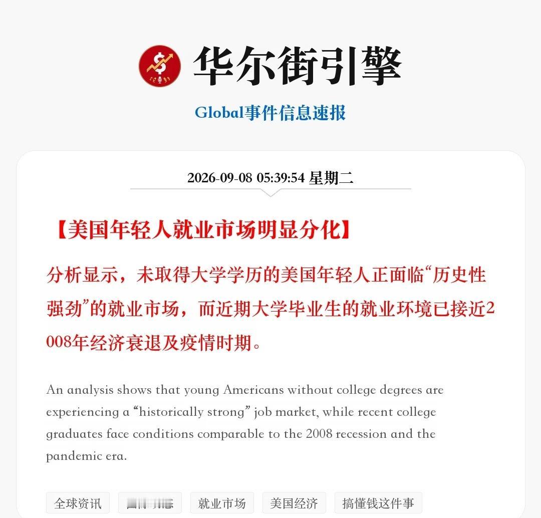美国年轻人就业市场明显分化
分析显示，未取得大学学历的美国年轻人正面临“历史性强