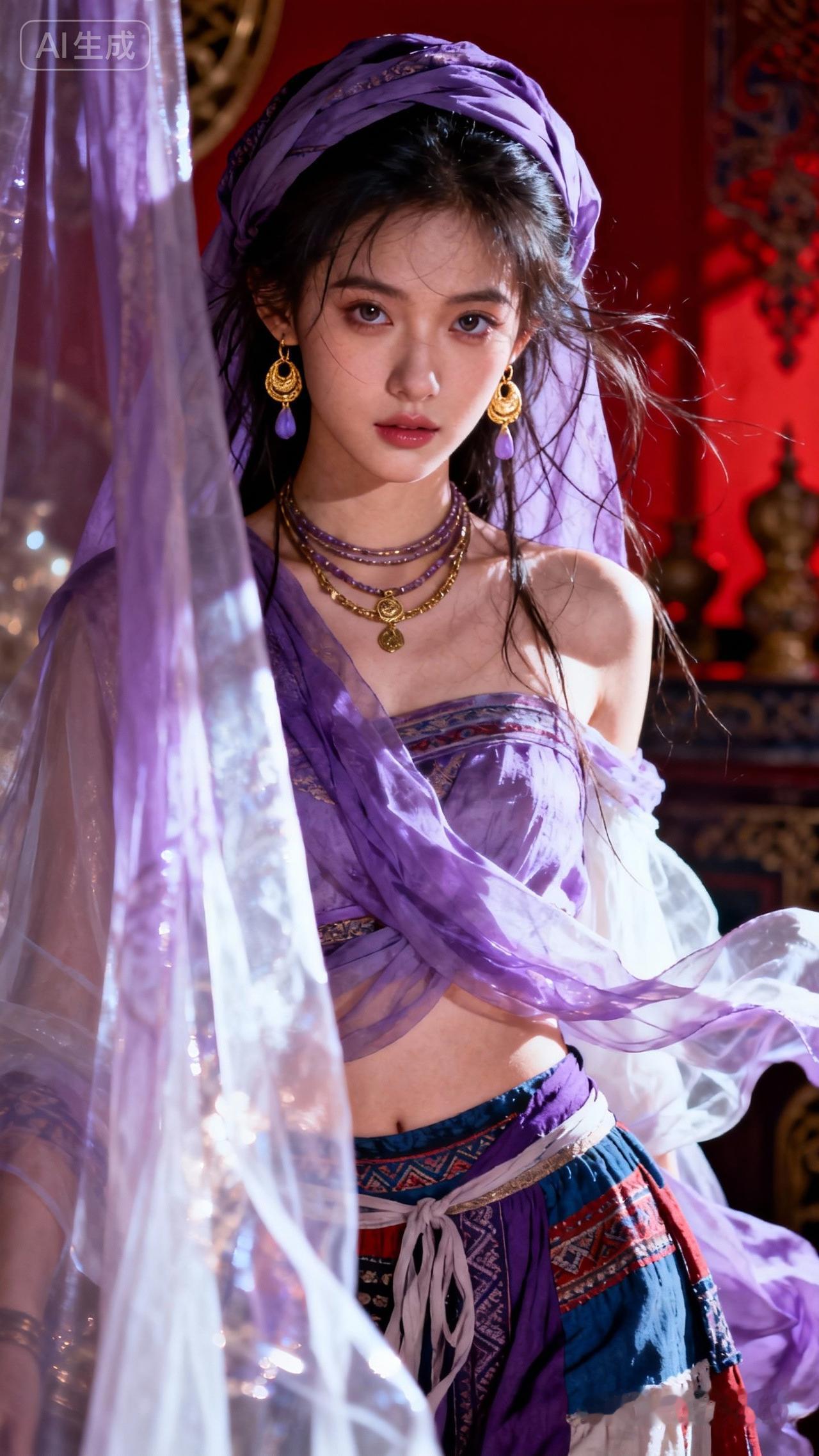 紫纱遮面，玉佩轻摇。