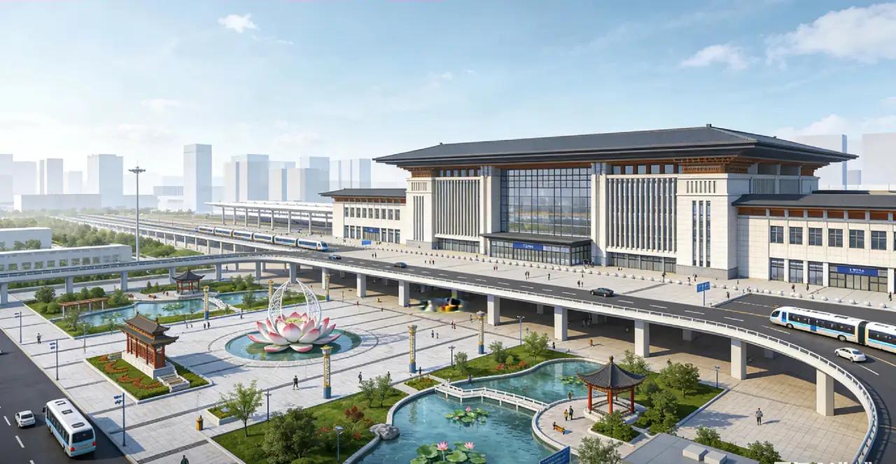 济南火车站南广场，  如果这样建，又有荷花，又有水，三面荷花四面柳，一城山色半城