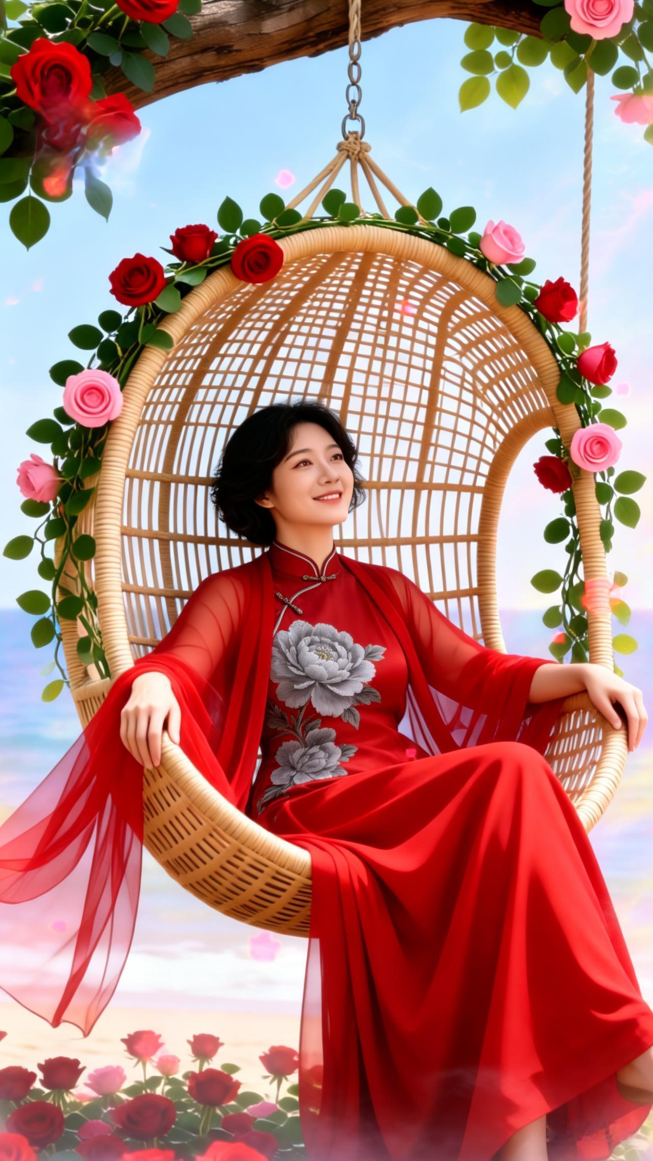 中国美人，柔顺短发微卷，民国风长袖旗袍，左侧饰灰色牡丹纹样。妆容精致淡雅，脸蛋白