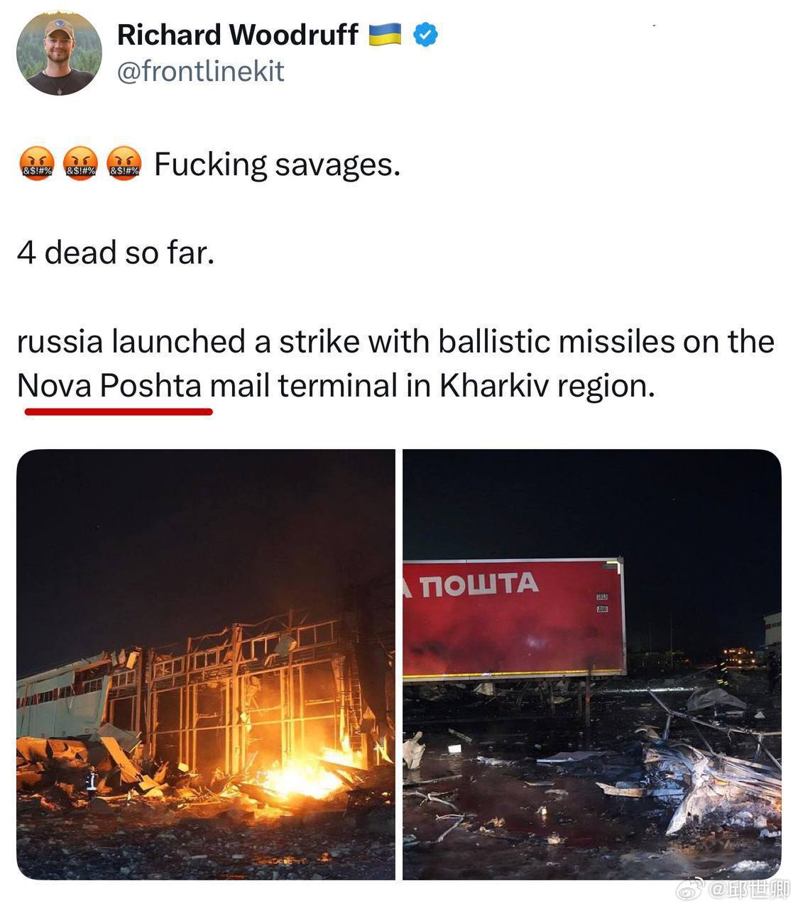 英國志工理查伍德拉夫寫道：「我們正在向前線運送另一批無人機和電池」（新郵政站）。