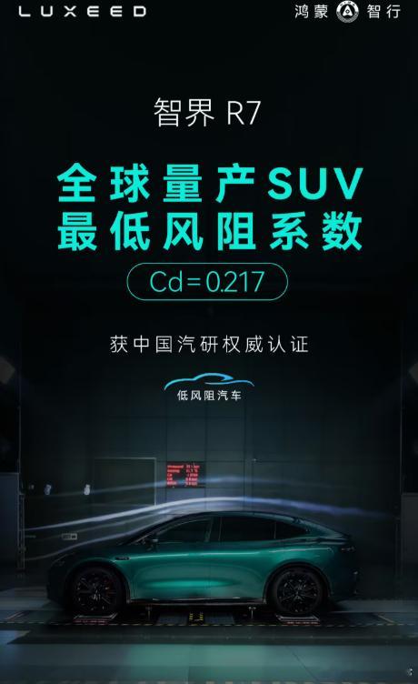 智界R7最低风阻系数 1月22日，鸿蒙智行智界汽车宣布，智界R7完成中汽研0.2
