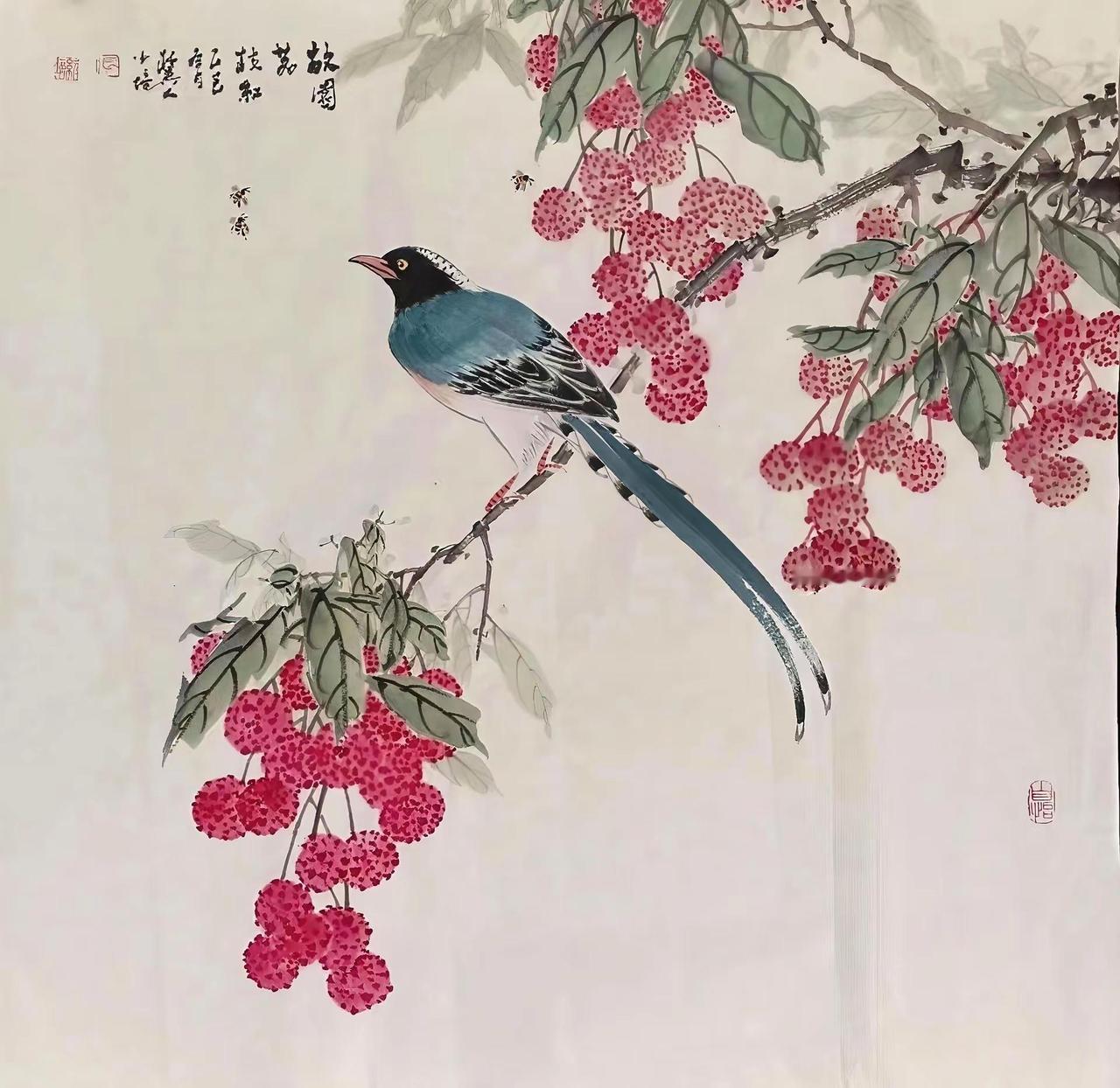 【故园荔红】荔枝创作者中心 创作灵感 枝上喜鹊 中国画荔枝