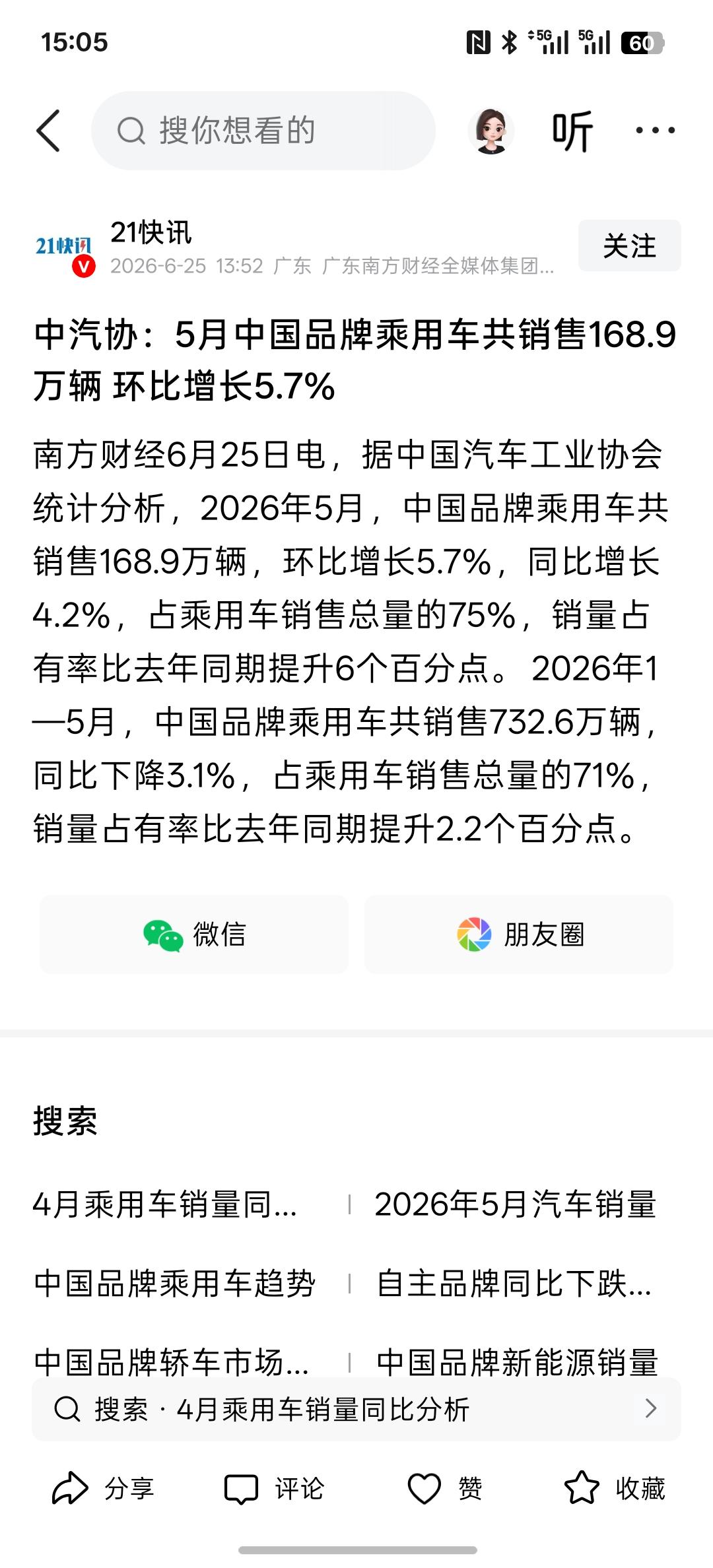 到5月份中国的乘用车，销售量高达168万辆，环比增长5.7%，看数据是一个增长的