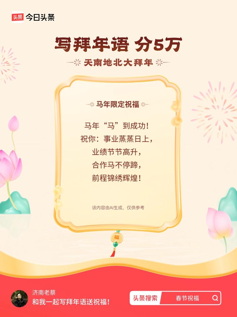 写拜年语送祝福新春拜年送祝福！我的祝福是：“马年“马”到成功！祝你：事业蒸蒸日上