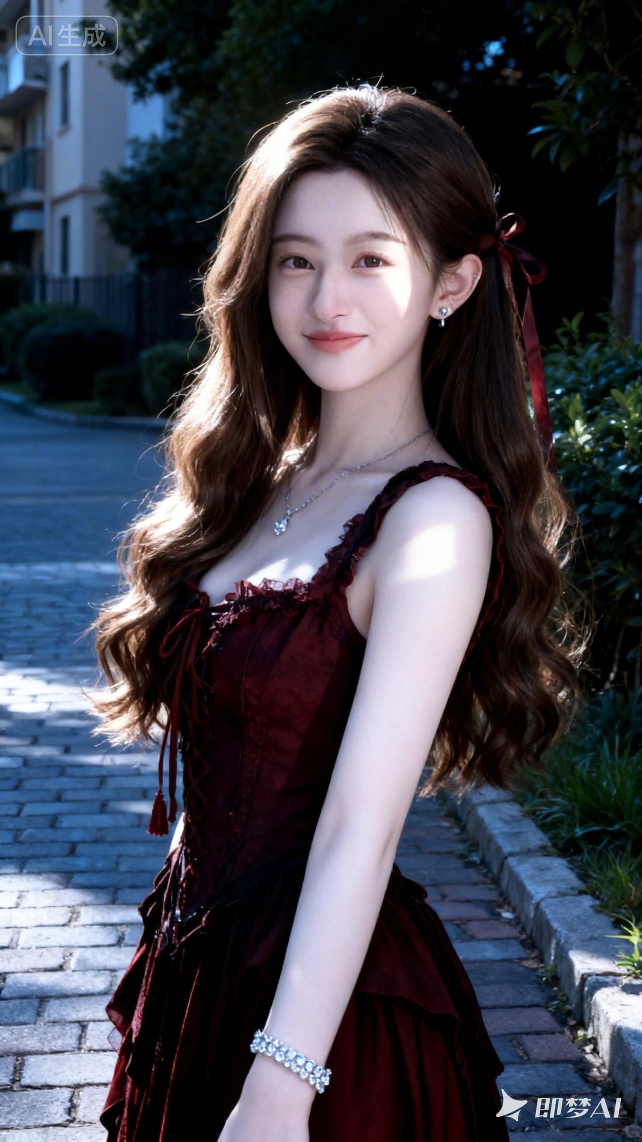 复古红裙少女，阳光下的甜美微笑😊