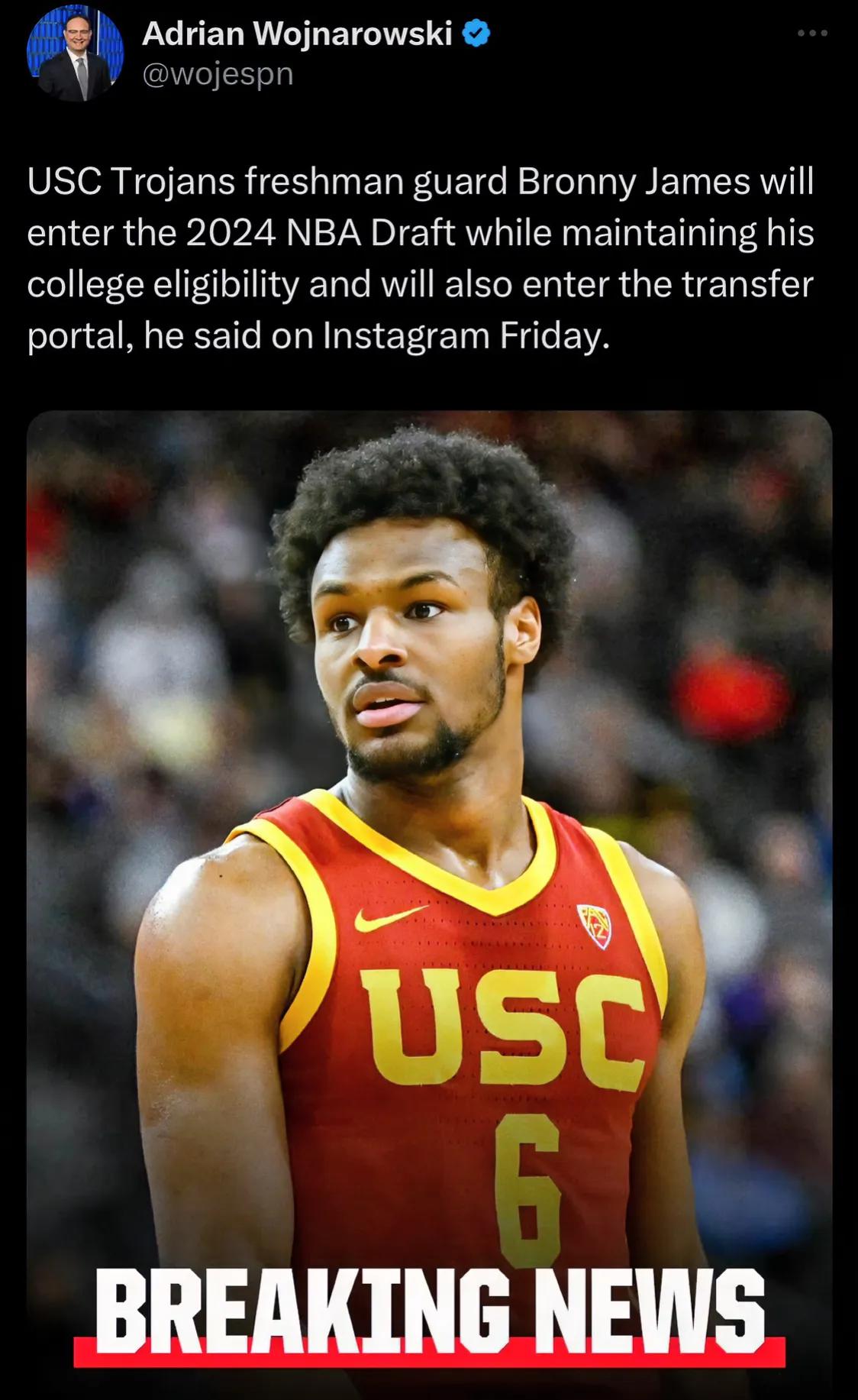 湖人今日三大重要消息！
1.勒布朗詹姆斯大儿子布朗尼宣布参加今年的NBA选秀，同