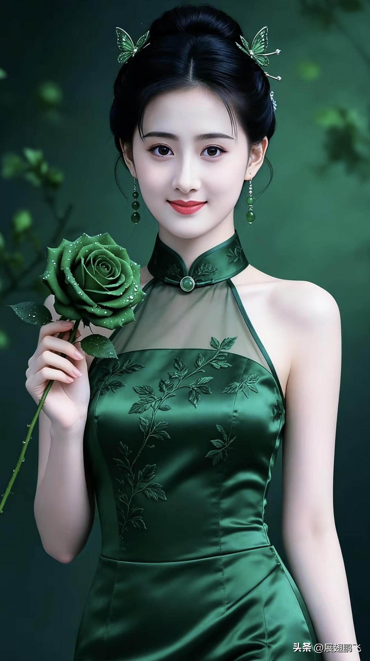 绿衣美人，手持玫瑰，宛如画中仙。绿裙美人 玫瑰红装美女 红衫美人 玫瑰红装美女 