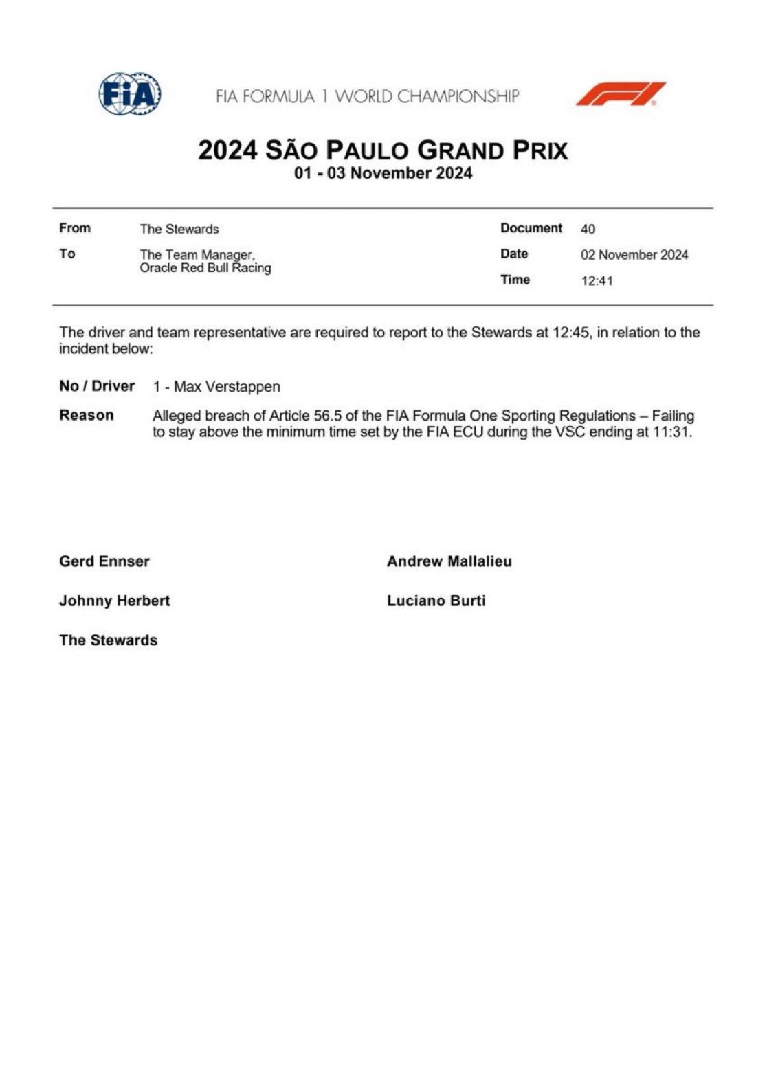 维斯塔潘由于在冲刺赛VSC之下未能满足Delta时间限制被赛会调查（简单来说就是