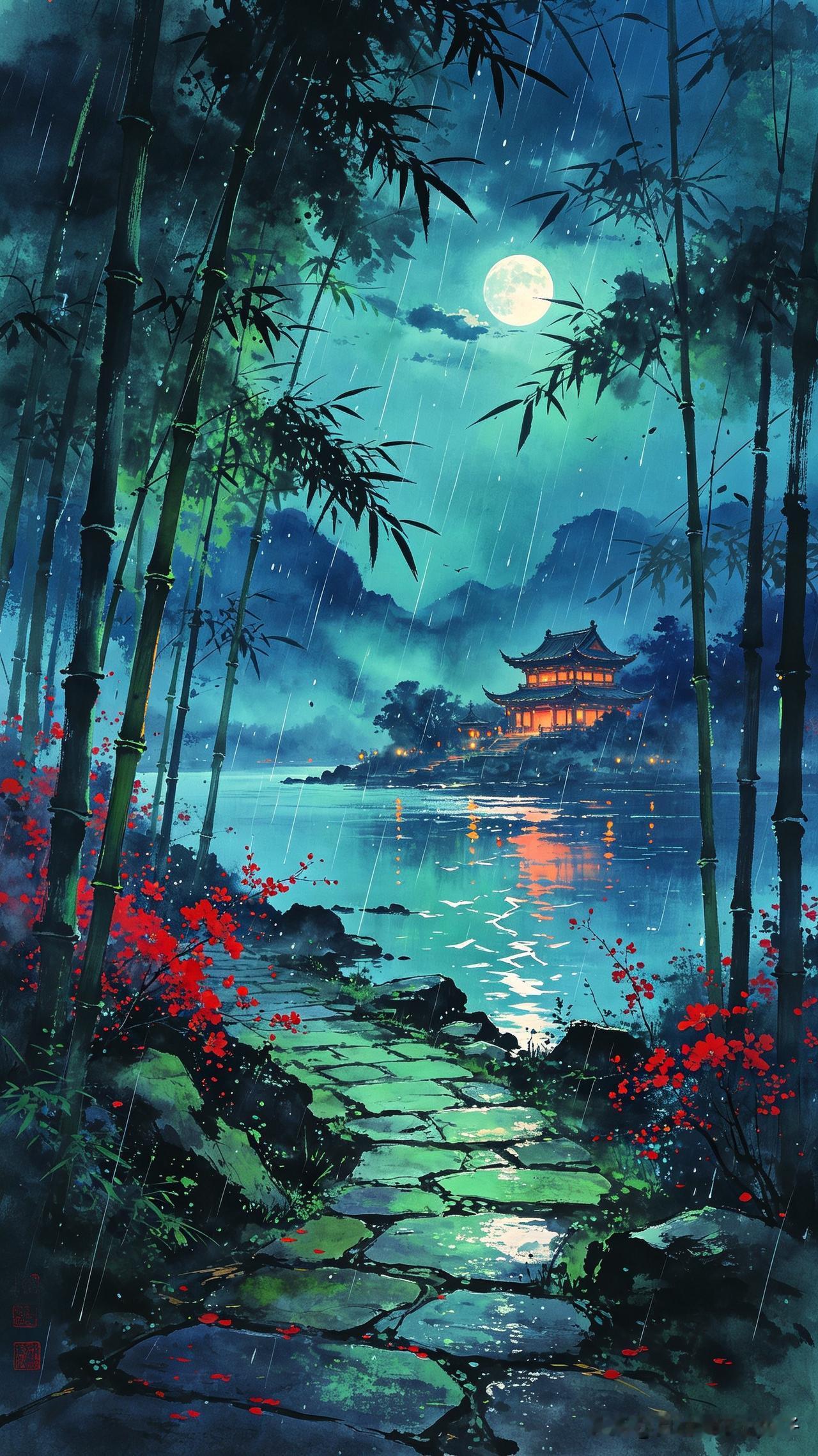 上联：竹影摇寒窗，细雨敲阶，孤灯映水，一帘幽梦随风远
       
上联：翠竹