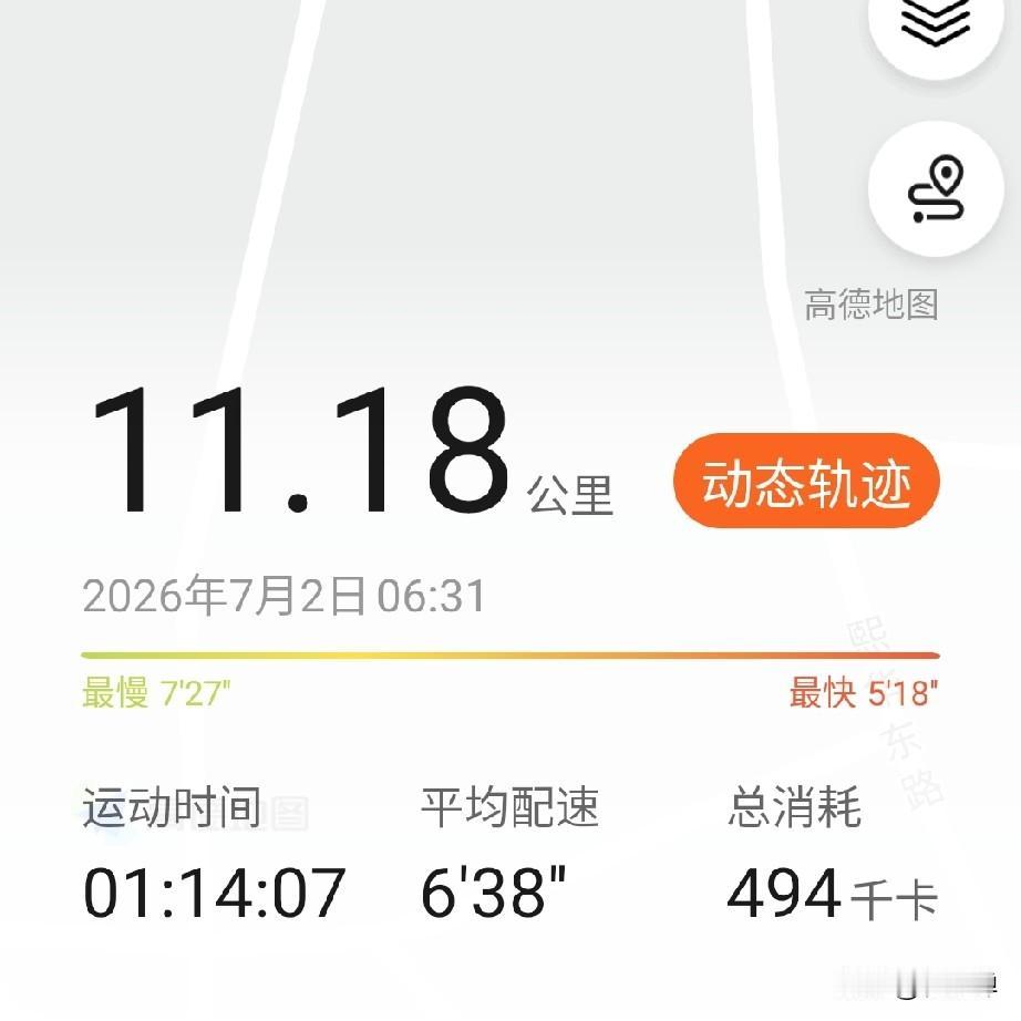今日晨跑11.18公里，平均配速6'38''，平均心率132，自我感觉近半年来跑