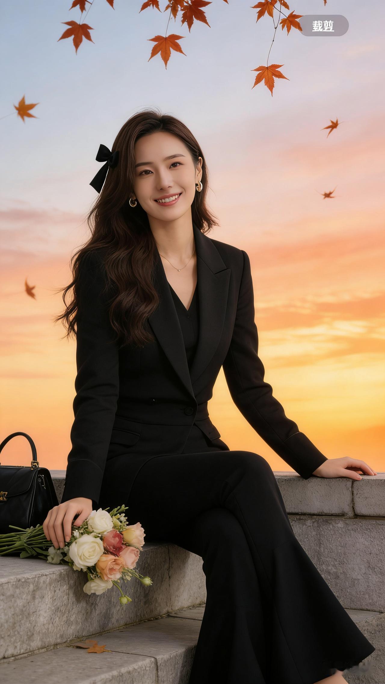 美女，冷白皮，精致气色妆容，棕色长卷发别黑色蝴蝶结，明媚微笑。穿参考图同款黑色喇