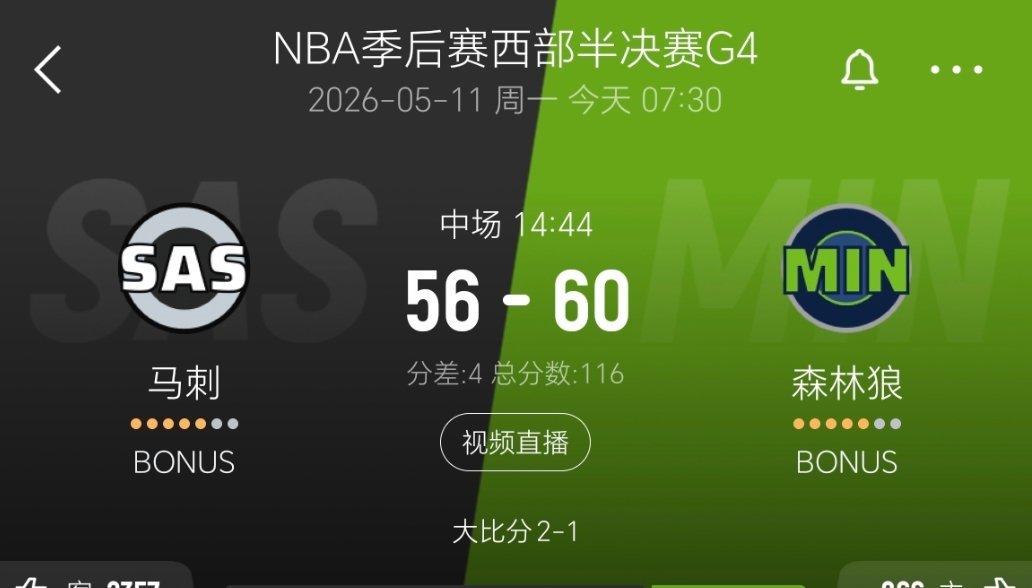 上半场结束，马刺56-60森林狼！nba季后赛马刺vs森林狼