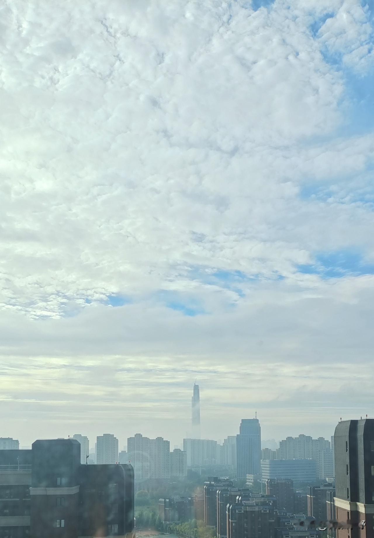 清晨的天津城，暖金色阳光洒在棕褐色的建筑群上，117大厦在朦胧的薄雾与淡蓝天空（