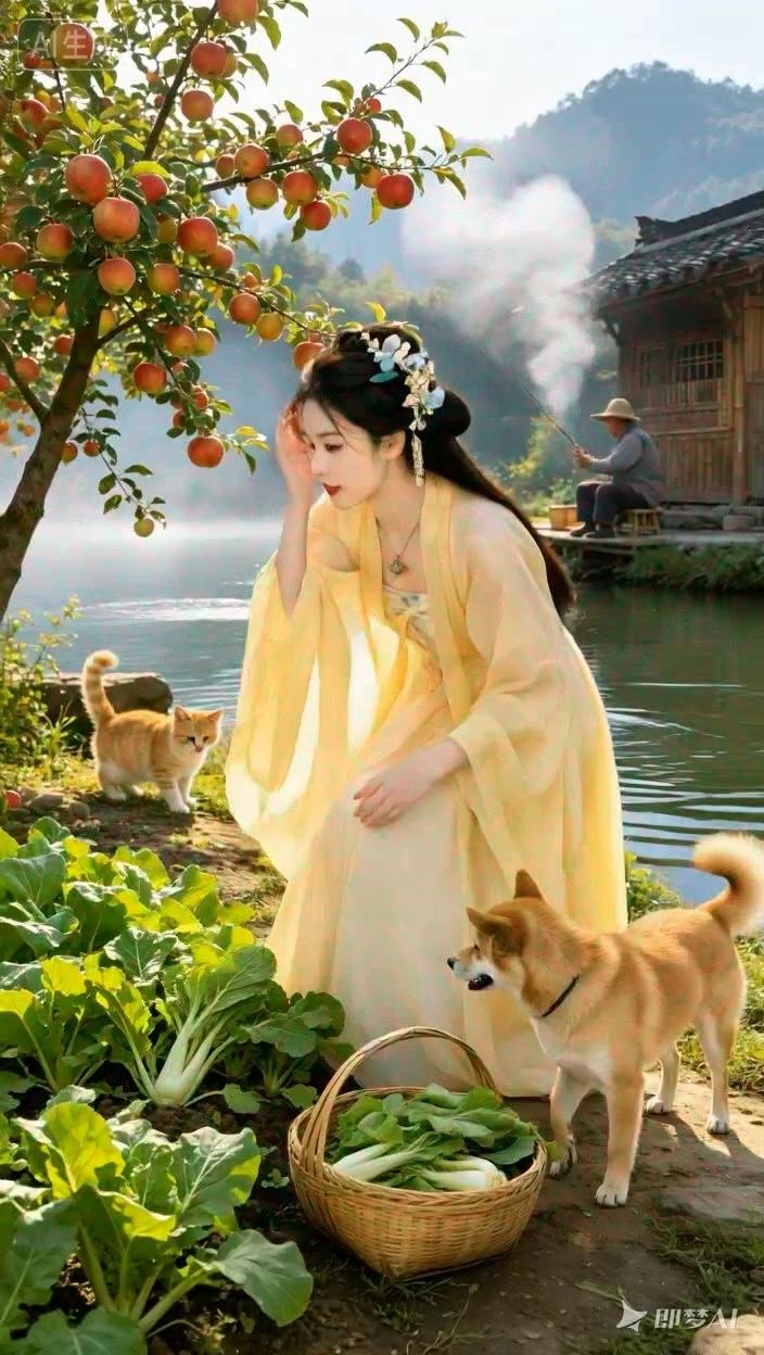 七绝●农家好菜/古韵  

溪边种菜果鲜甜，
狗伴猫陪快乐添。
老汉垂纶欢鸭子，