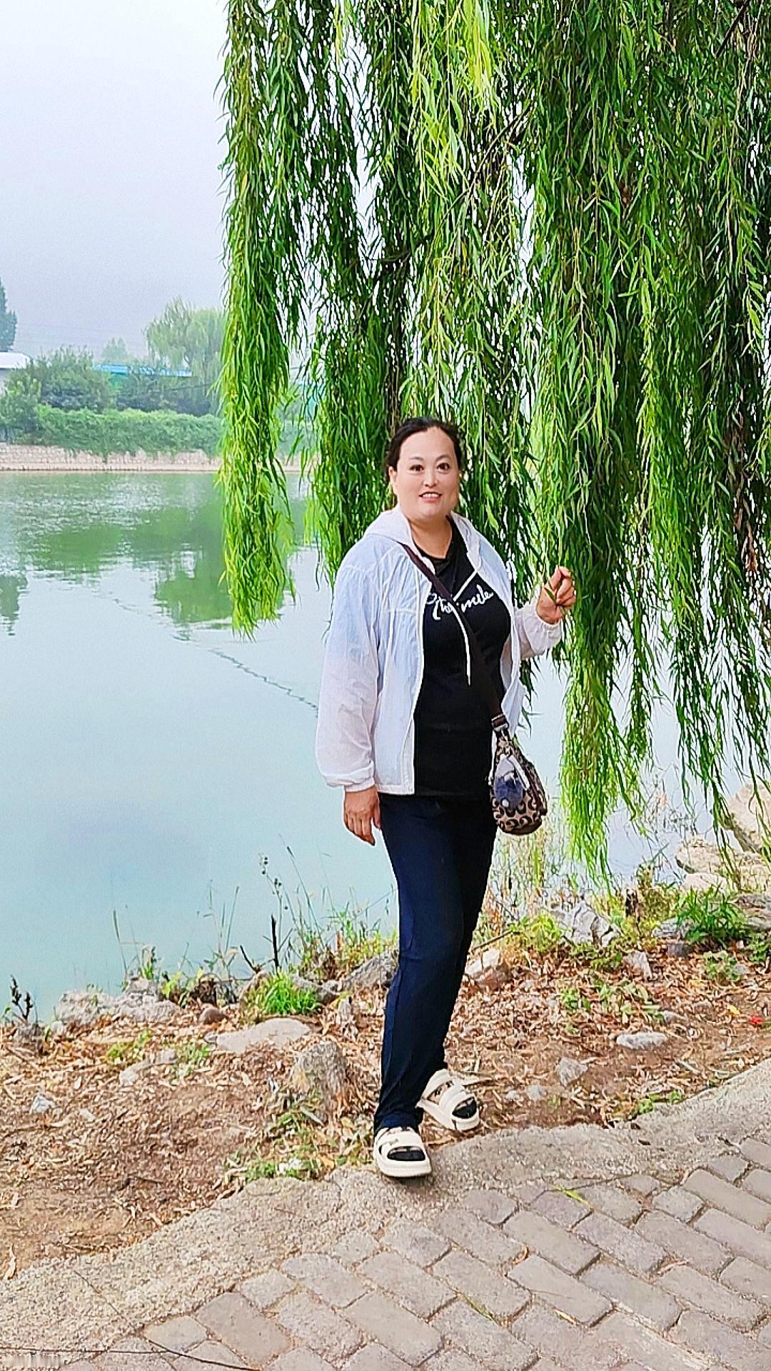 湖边垂柳依依，微风拂过，柳条轻舞，仿佛在低语着夏日的秘密。一位行人漫步其中，脚步