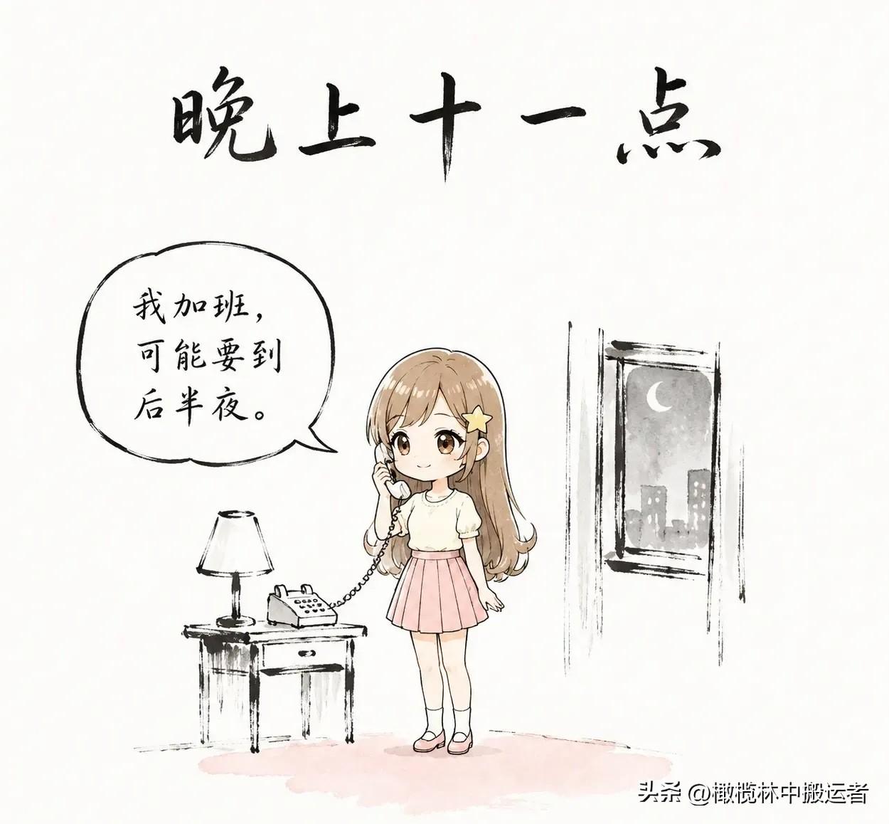 趣味漫画分享：晚上十一点我跟老婆说：「我加班，可能要到后半夜。」老婆温柔地说：「