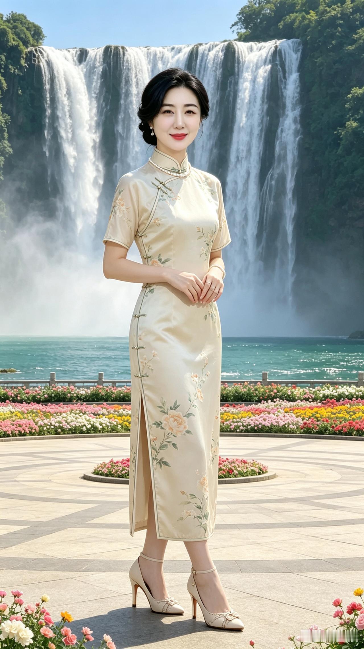 佳人颈间缀珠玉，细履盈盈踱花衢。
层峰飞瀑展佳景，民国风情入画躯。
点评：美人佩