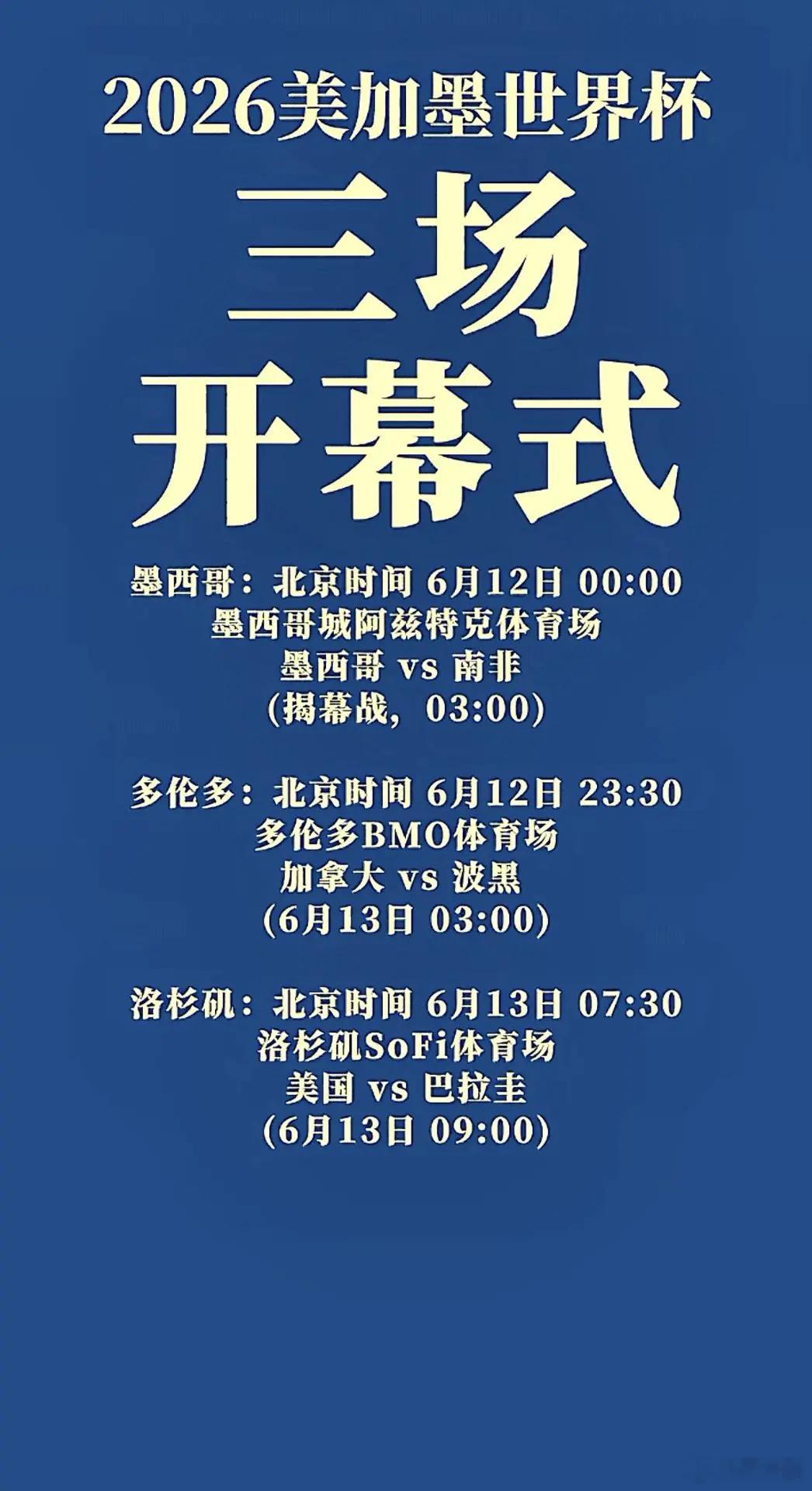 2026世界杯揭幕式。2026美加墨世界杯将举办三场揭幕式，每个东道国都会奉献具