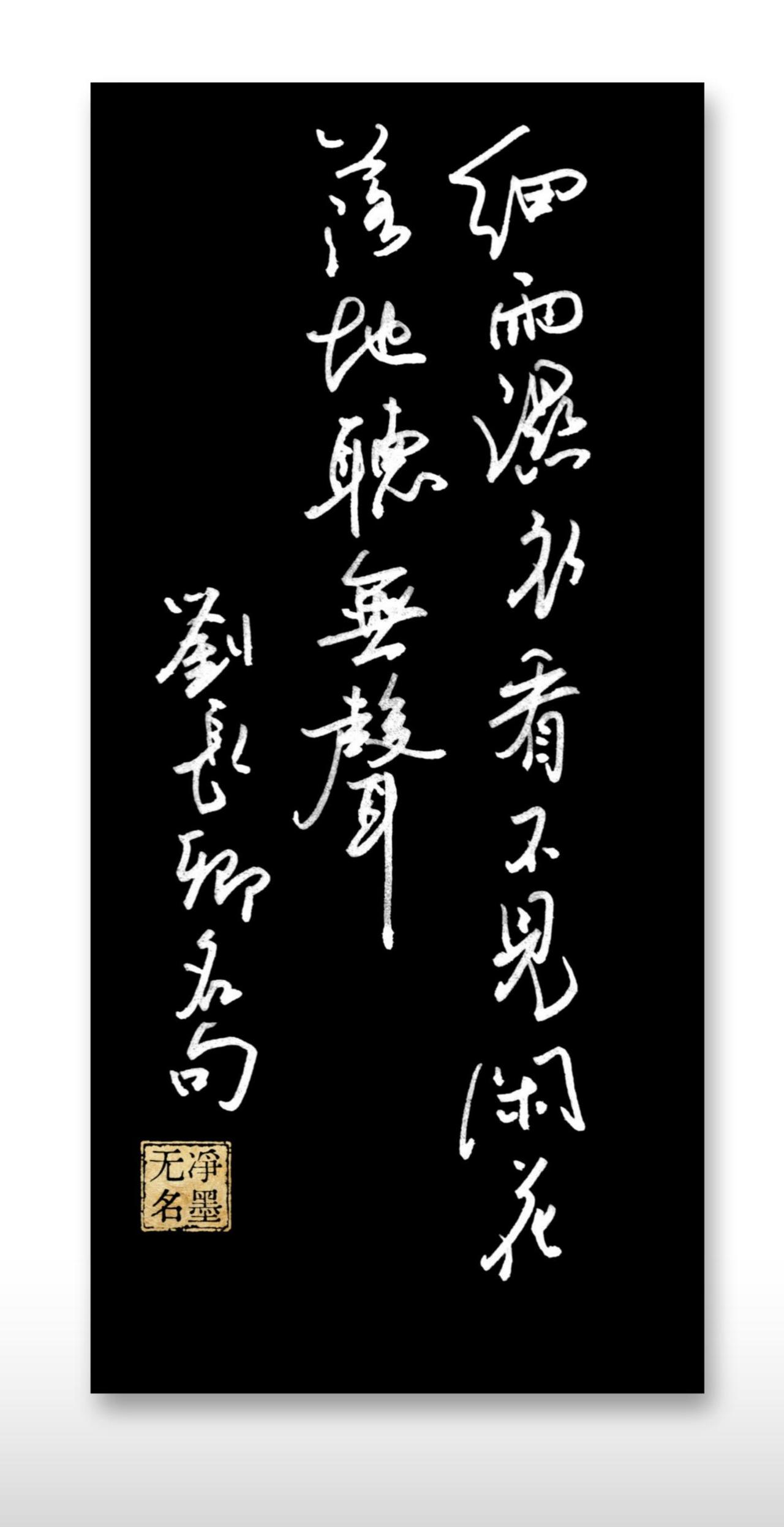 钢笔行书
**诗句：**细雨湿衣看不见，闲花落地听无声。
落款：刘长卿名句
出自