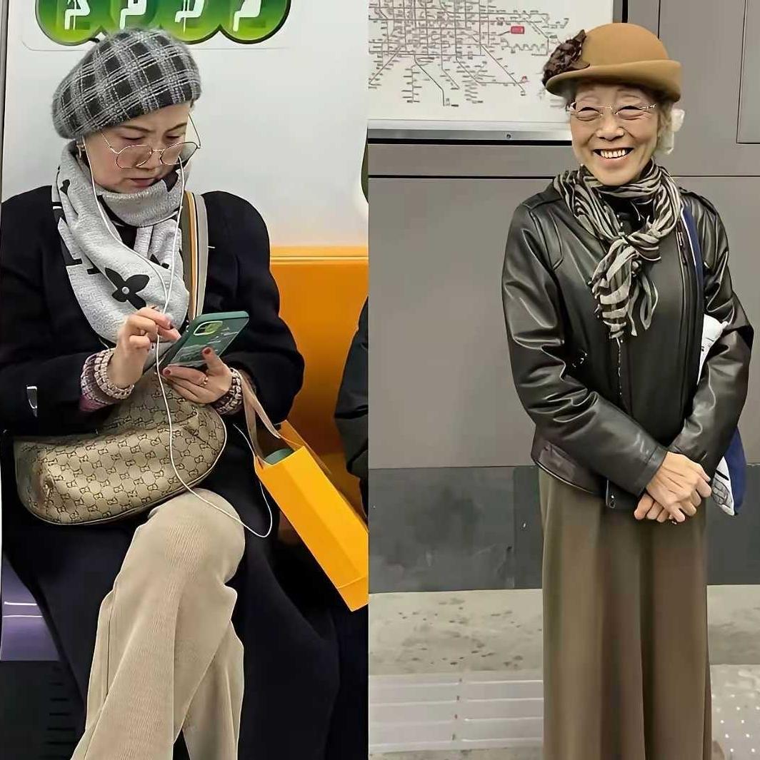 瞬间被地铁里两位阿姨惊艳到了！
今天坐地铁偶遇两位年长阿姨，岁数虽然不小，穿搭简