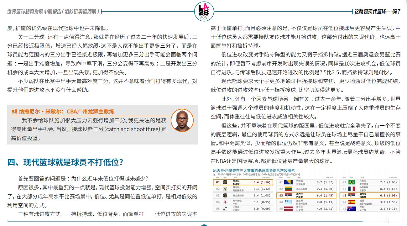 “三种有球进攻方式——挡拆持球、低位背身、面筐单打——低位进攻的失误率高于面筐单