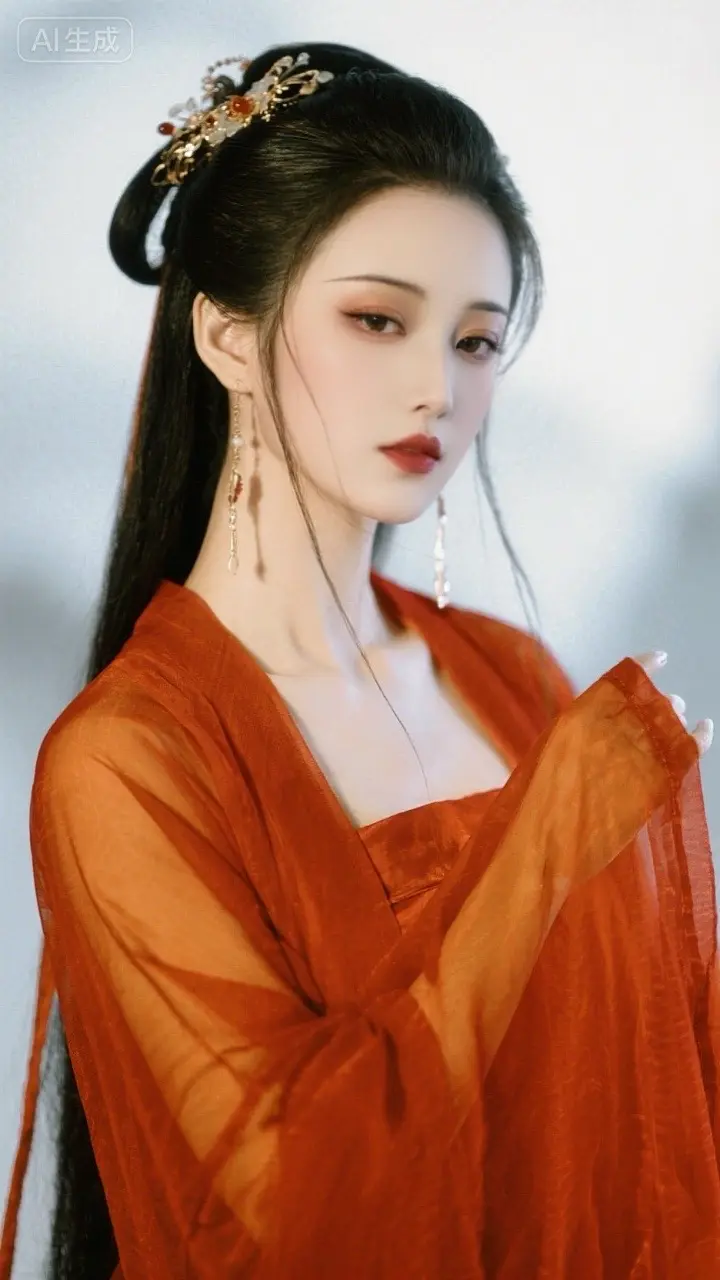 即梦AI  古风清冷佳人 红色汉服