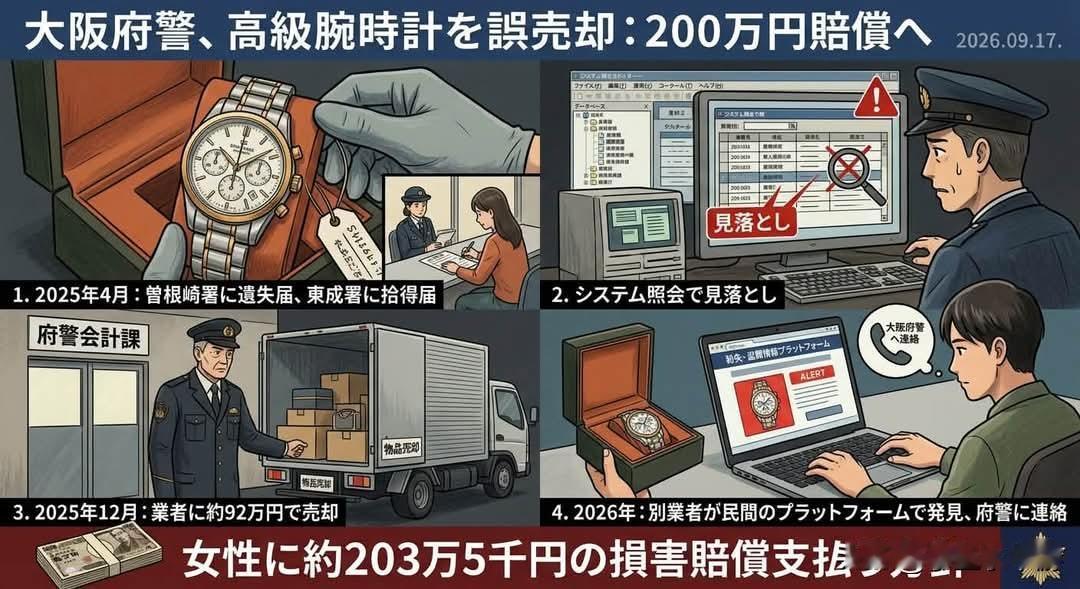 大阪府警因疏忽变卖遗失名表，内部核查出现疏漏，拟赔偿超200万日元
 
日本大阪