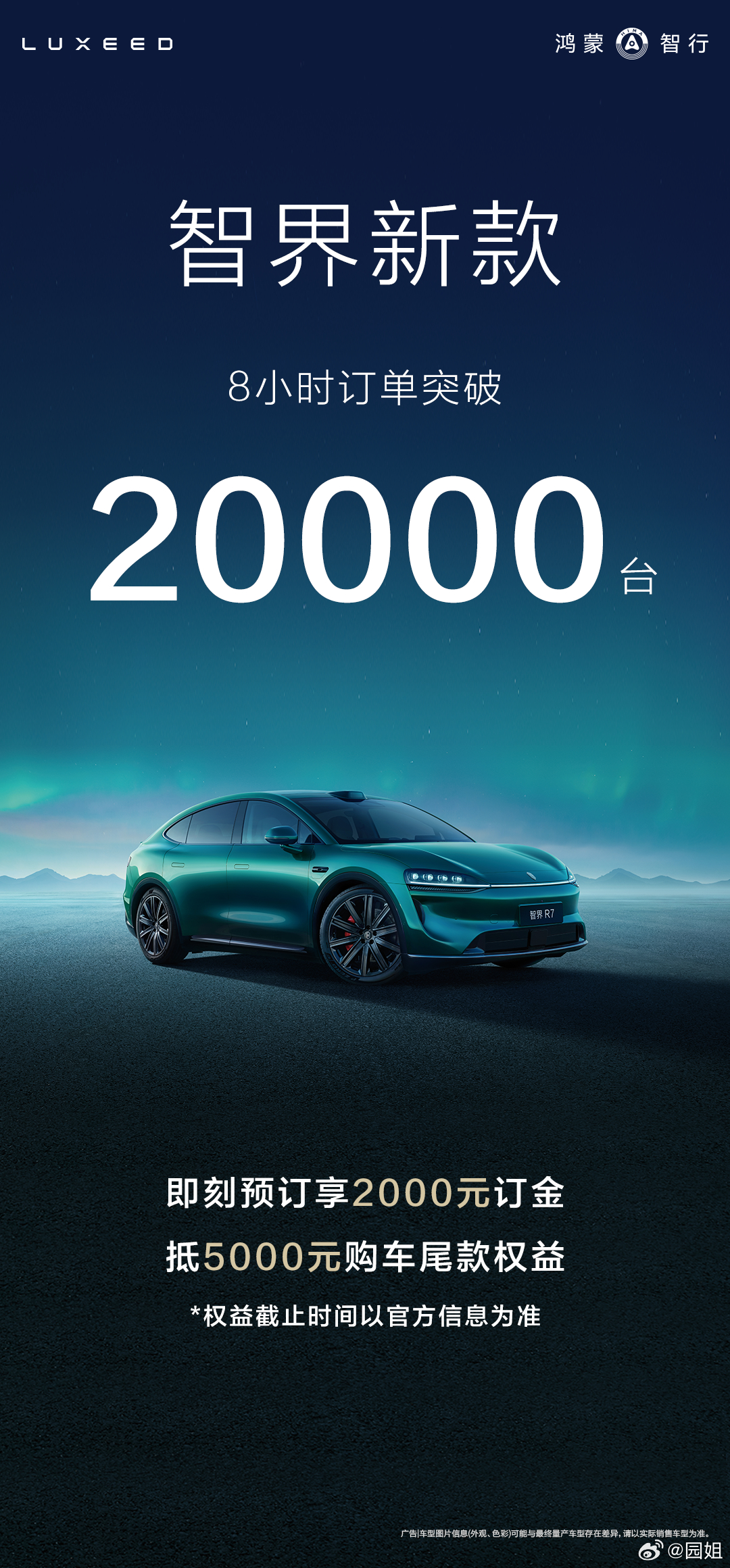 #智界新款再进化今日开启预订#智界新款预售8小时小订突破20000台，换了车标立