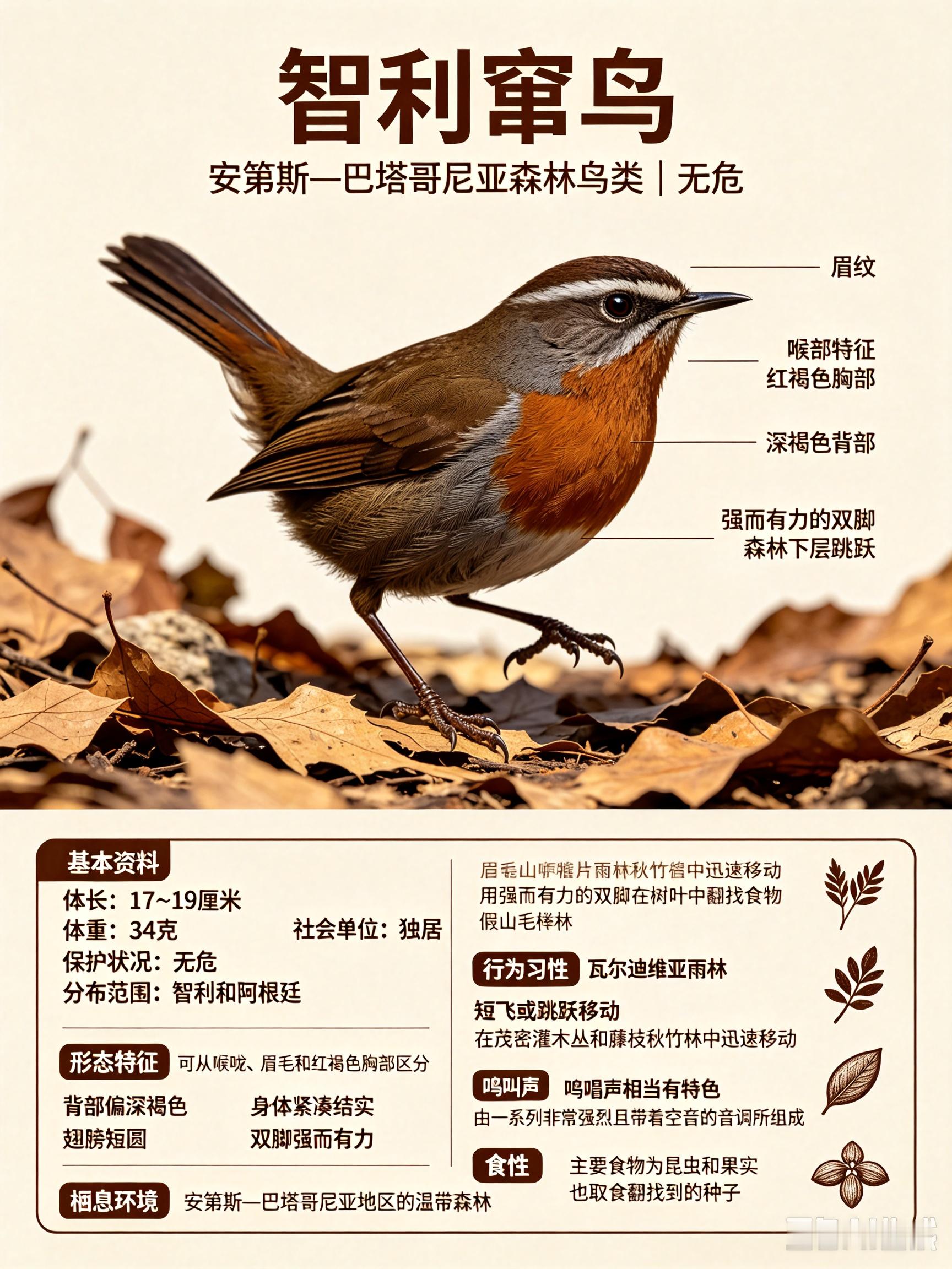 鸟类朋友图鉴 智利窜鸟体长：17~19 厘米体重：34 克社会单位：独居保护状况