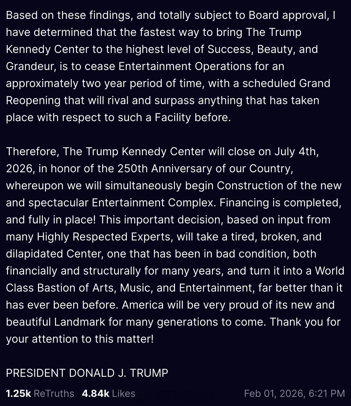 川普宣布将于今年7月4日关闭川普肯尼迪中心，进行为期2年的全面升级：“在过去一年
