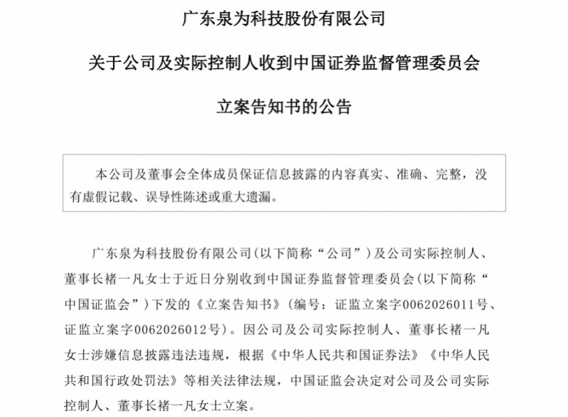 ST泉为及实控人被立案短剧里的女霸总被抓！95后美女董事长褚一凡被证监会立案 ！